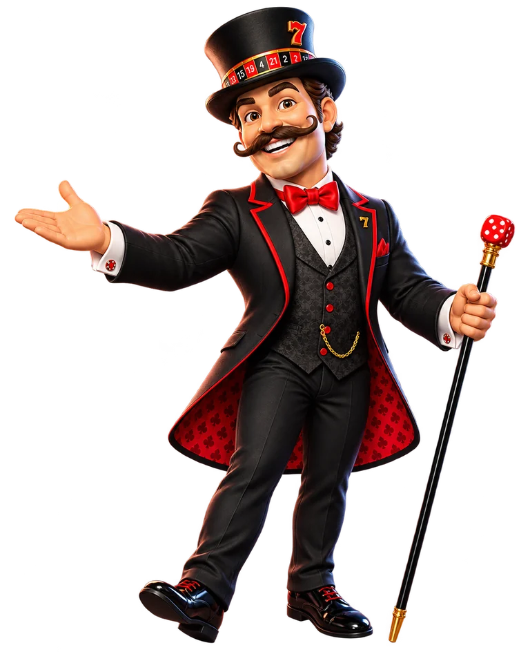 A cheerful casino host welcoming visitors with an open hand